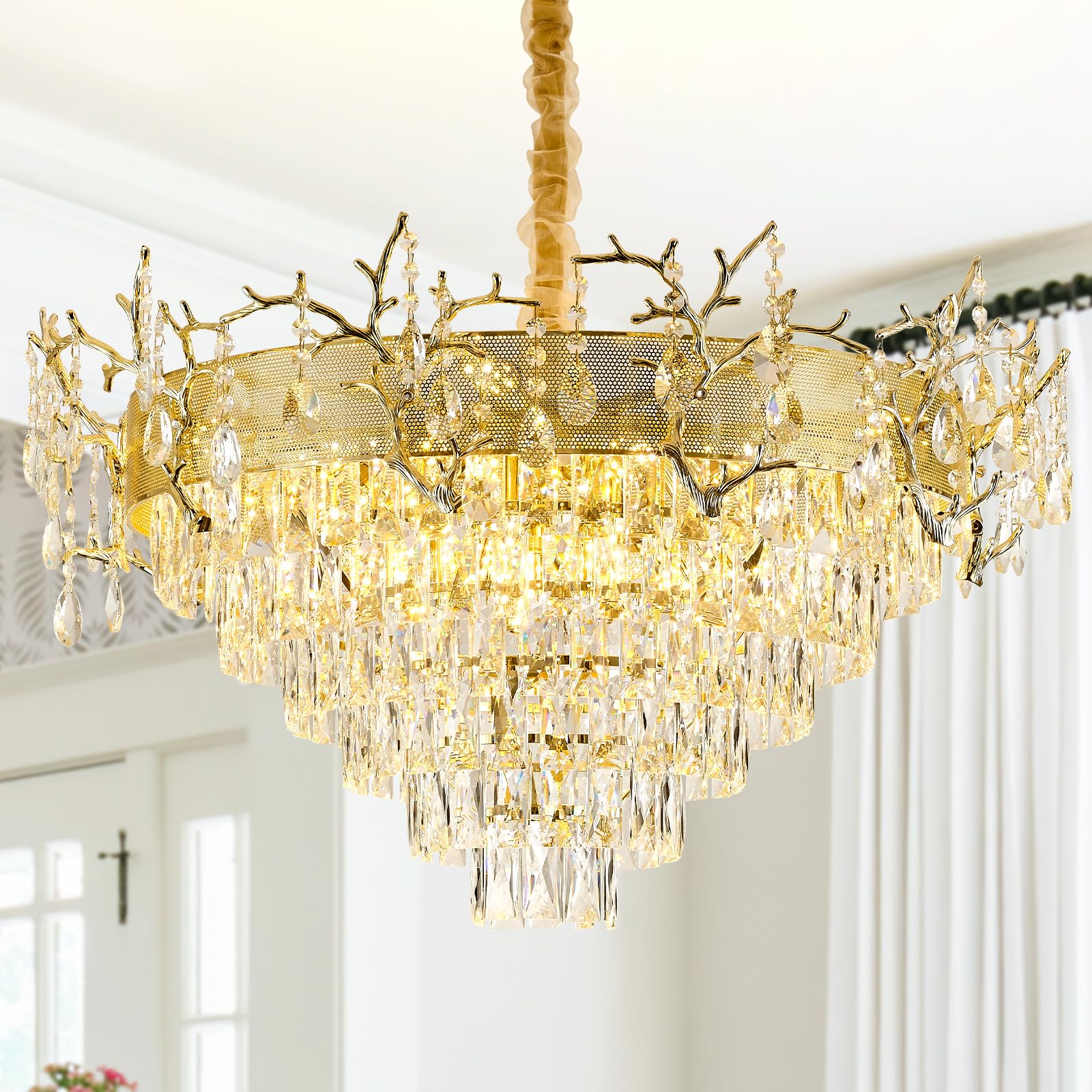Modern Gold Crystal Chandelier, 23.6'' Round Chandeliers for Dining Room 4-Tier K9 Ceiling Pendant Light Fixtures,French Raindrop Flush Mount Hanging Chandelier for Foyer Living Room Staircase