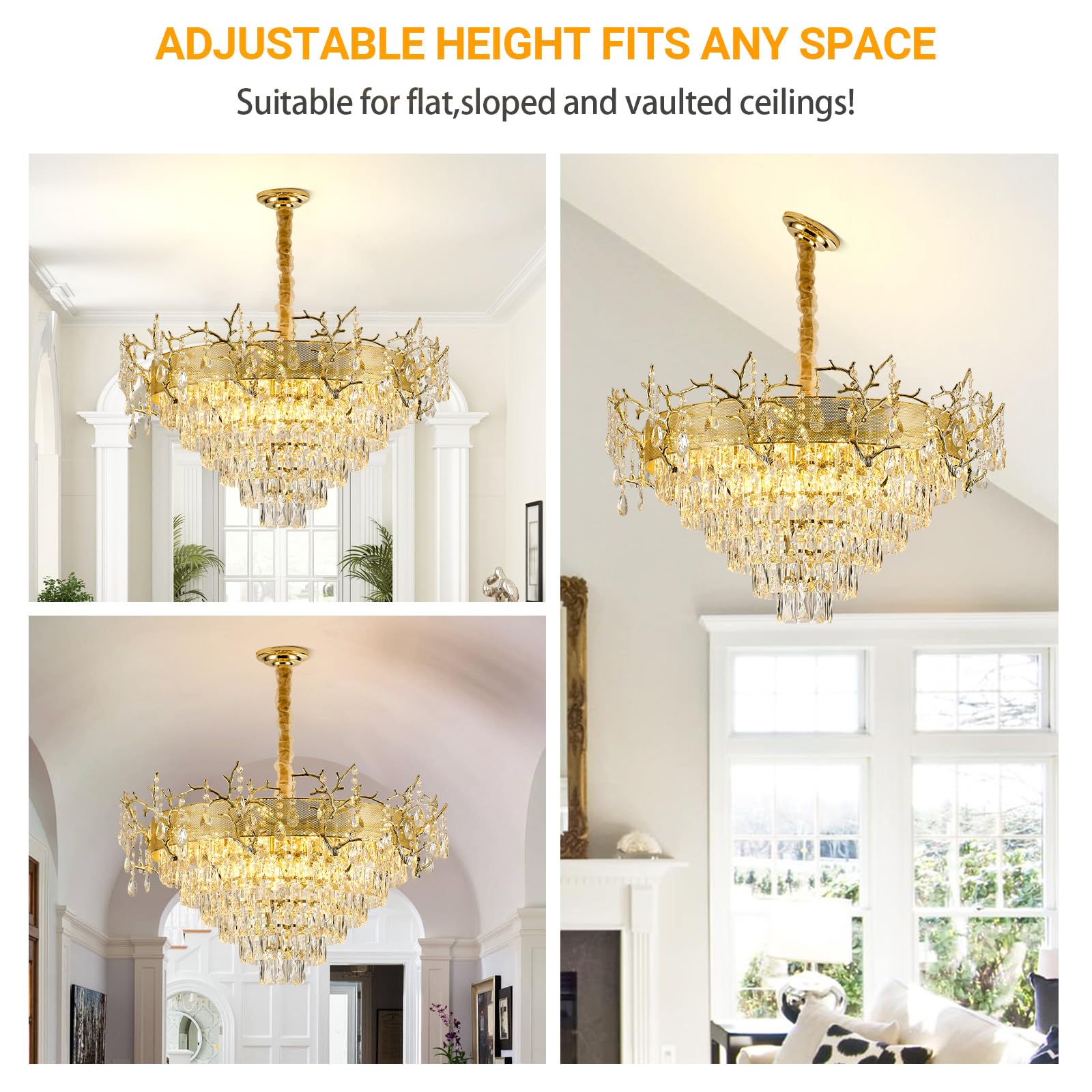 Modern Gold Crystal Chandelier, 23.6'' Round Chandeliers for Dining Room 4-Tier K9 Ceiling Pendant Light Fixtures,French Raindrop Flush Mount Hanging Chandelier for Foyer Living Room Staircase