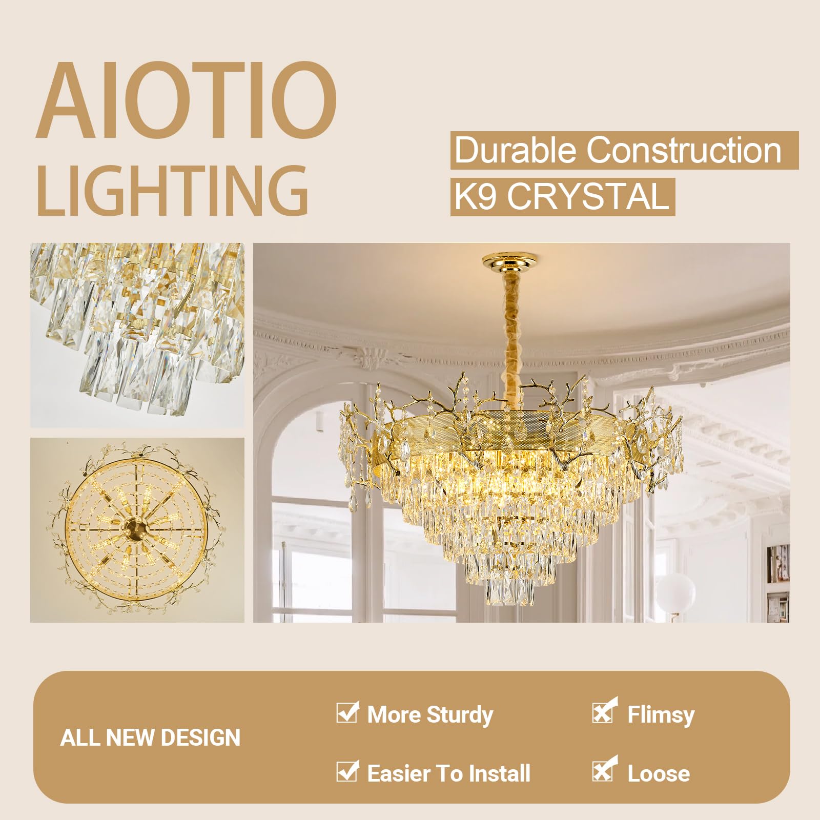 Modern Gold Crystal Chandelier, 23.6'' Round Chandeliers for Dining Room 4-Tier K9 Ceiling Pendant Light Fixtures,French Raindrop Flush Mount Hanging Chandelier for Foyer Living Room Staircase