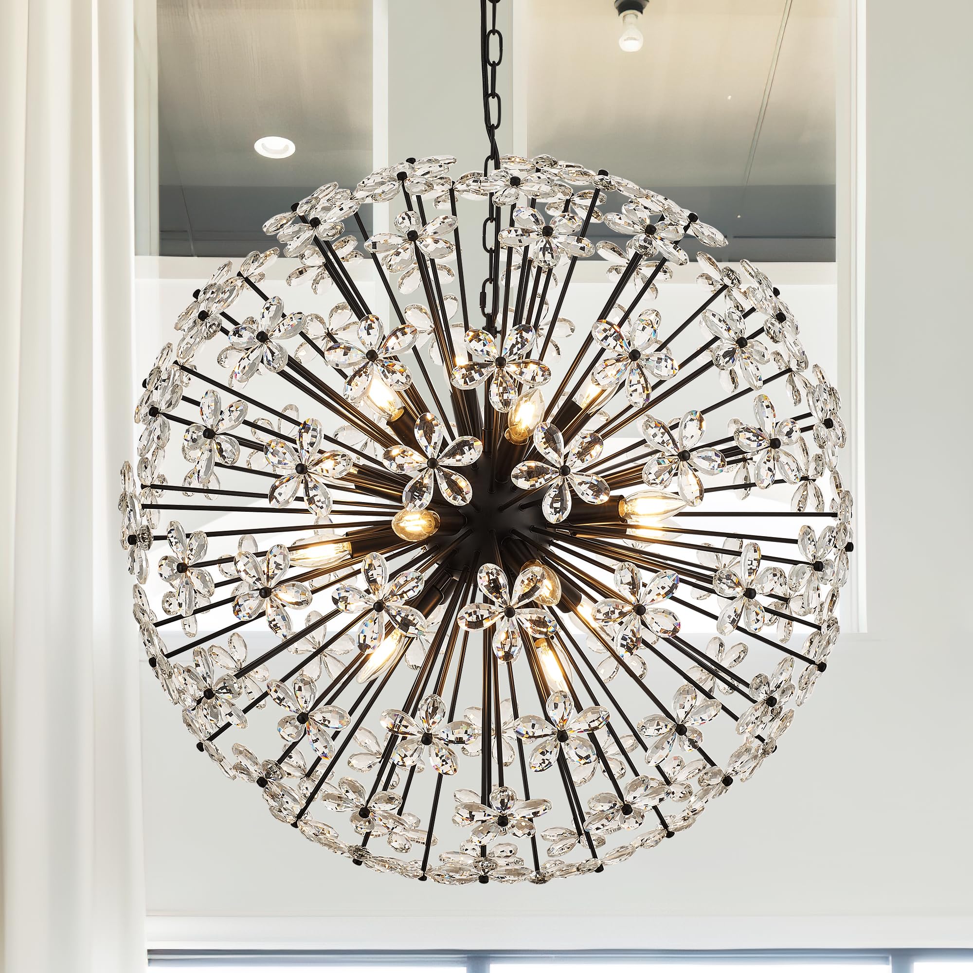 31" Modern Black Crystal Sputnik Chandelier for Dining Living Room Glam Luxury Petal Orb Globe Chandelier 12-Light for Foyer Hallway Elegant Pendant Ceiling Light Fixture for Kitchen Bedroom