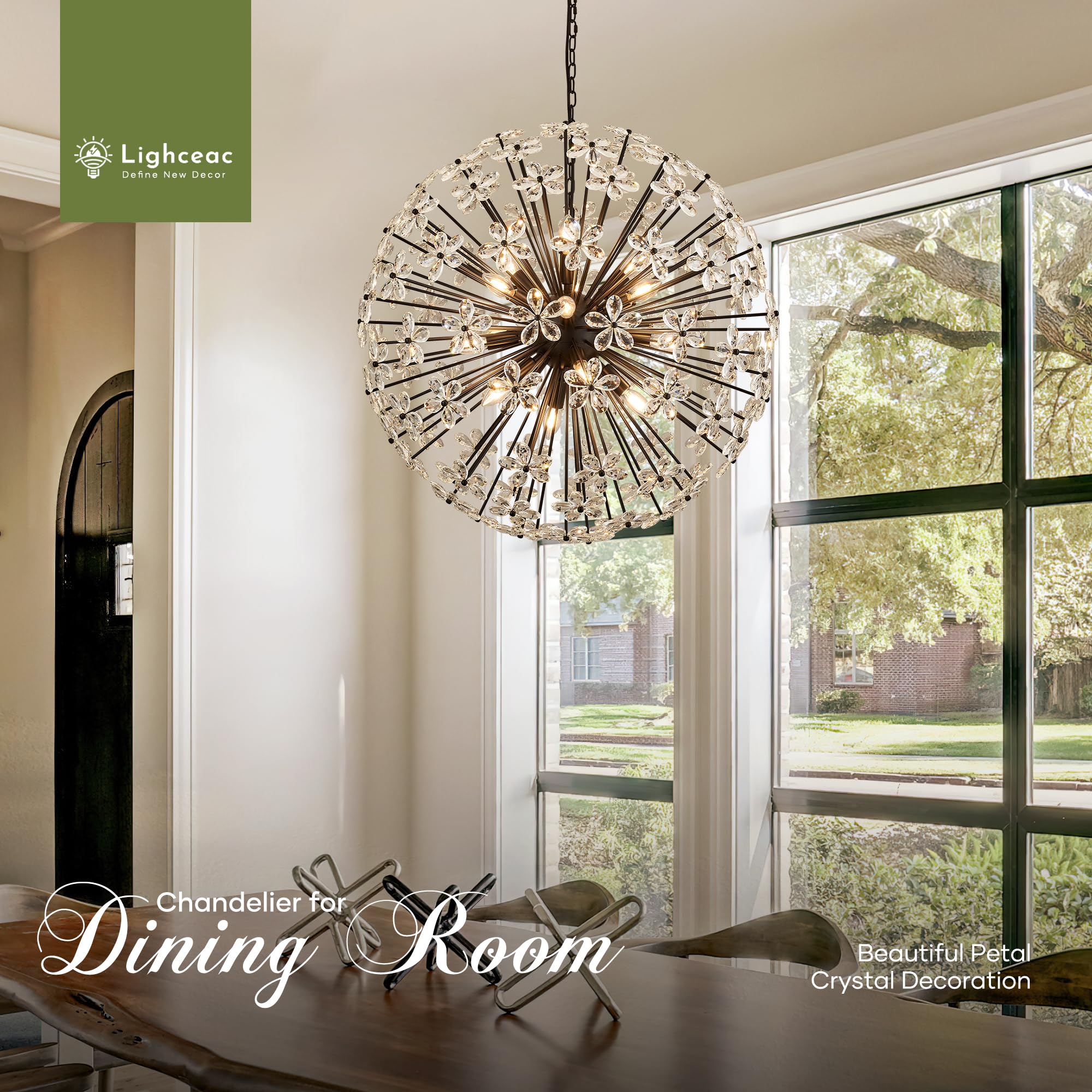 31" Modern Black Crystal Sputnik Chandelier for Dining Living Room Glam Luxury Petal Orb Globe Chandelier 12-Light for Foyer Hallway Elegant Pendant Ceiling Light Fixture for Kitchen Bedroom