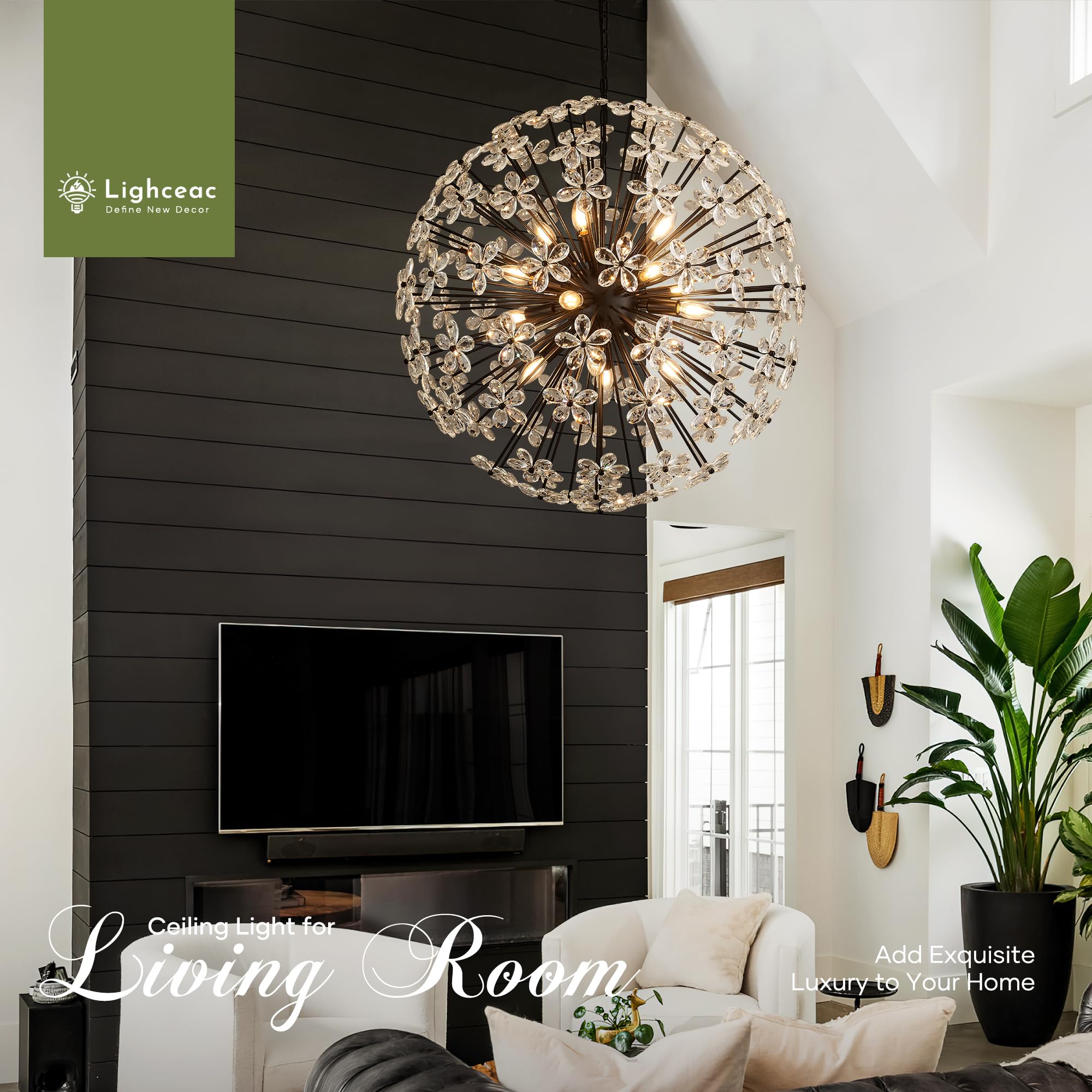 31" Modern Black Crystal Sputnik Chandelier for Dining Living Room Glam Luxury Petal Orb Globe Chandelier 12-Light for Foyer Hallway Elegant Pendant Ceiling Light Fixture for Kitchen Bedroom