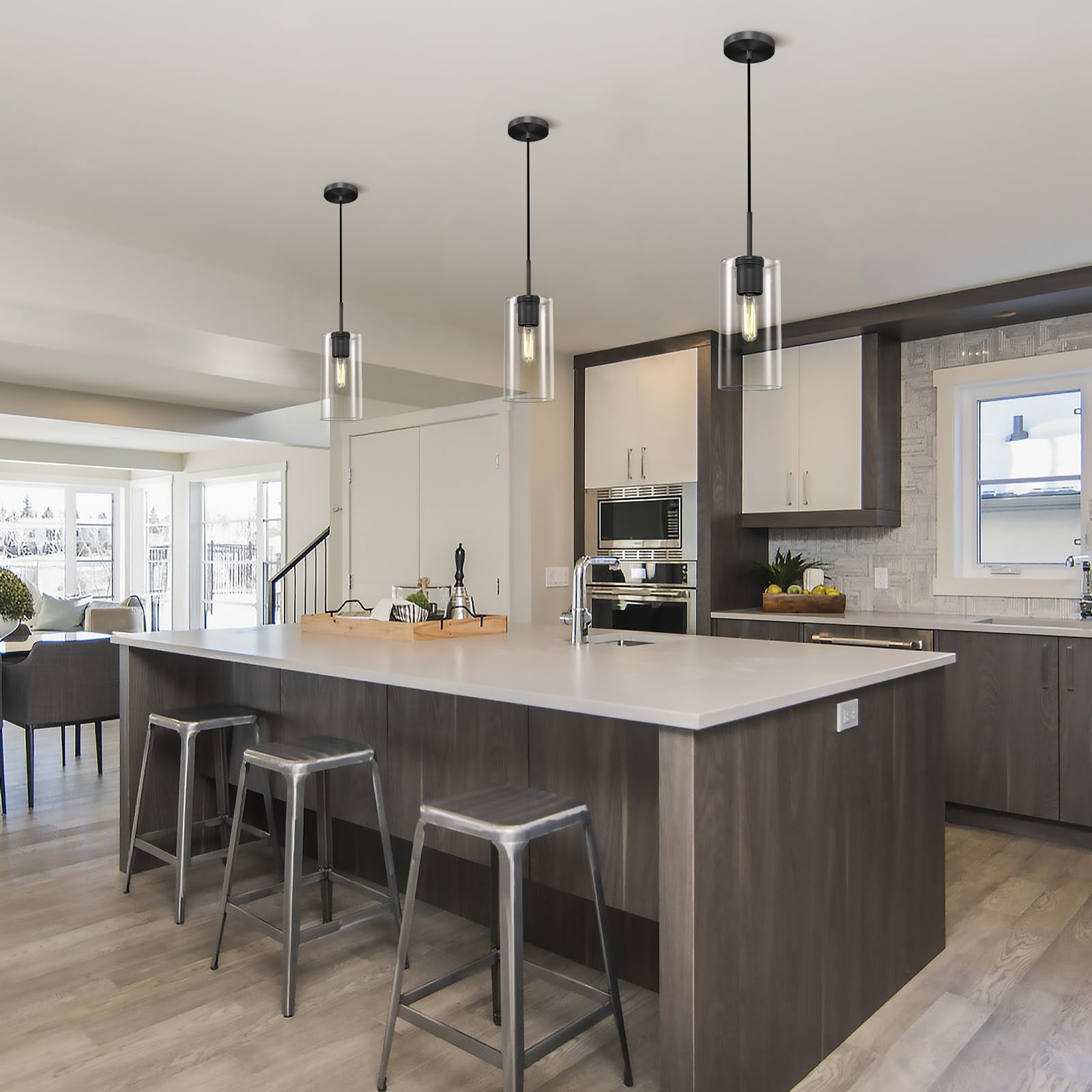 Modern Black Pendant Lights Kitchen Island Glass Pendant Light, 9.5'' Farmhouse Clear Glass Cylinder Pendant Light,Copper Kitchen Pendant Lighting Over Island Sink, E26 Bulb Included