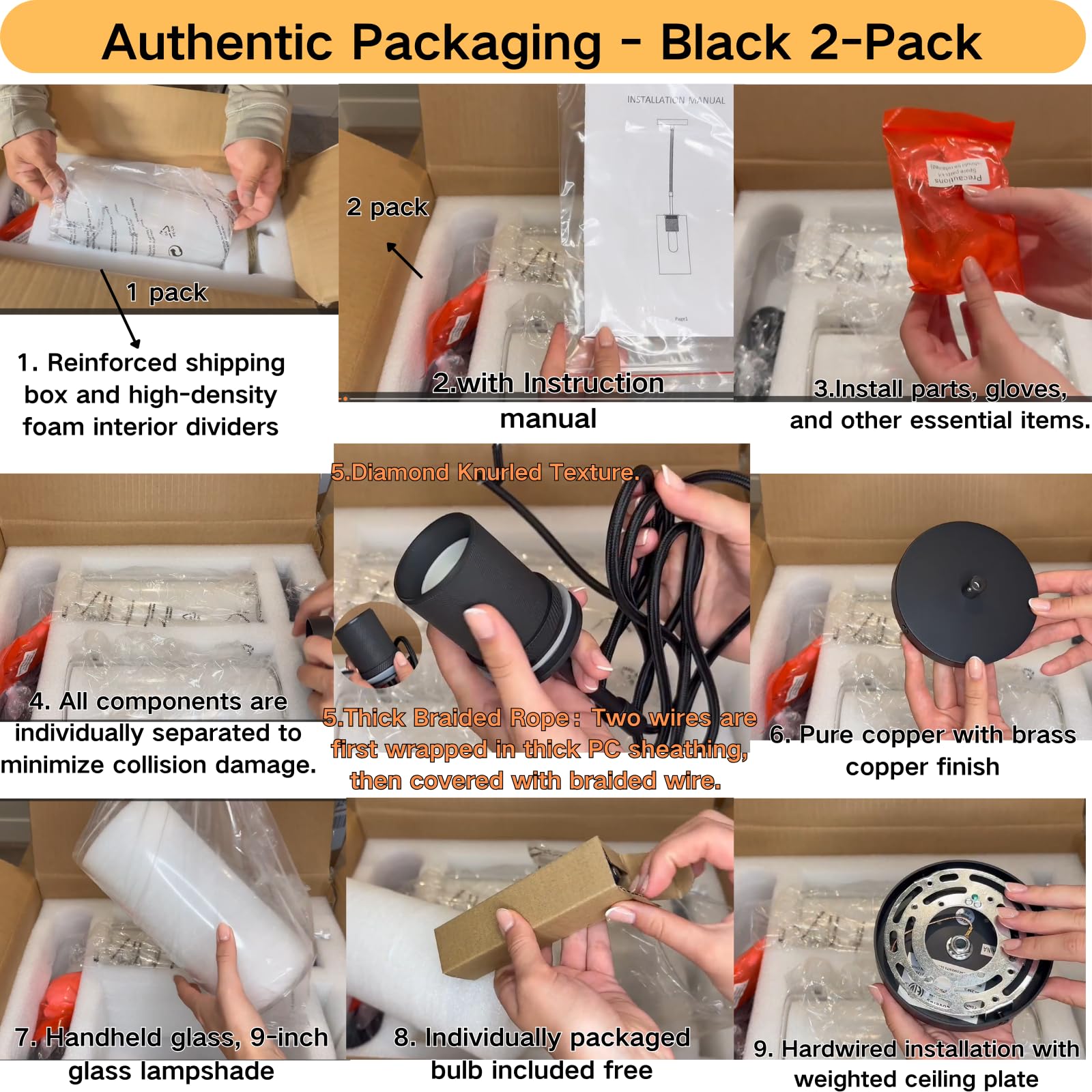 Modern Black Pendant Lights Kitchen Island Glass Pendant Light, 9.5'' Farmhouse Clear Glass Cylinder Pendant Light,Copper Kitchen Pendant Lighting Over Island Sink, E26 Bulb Included