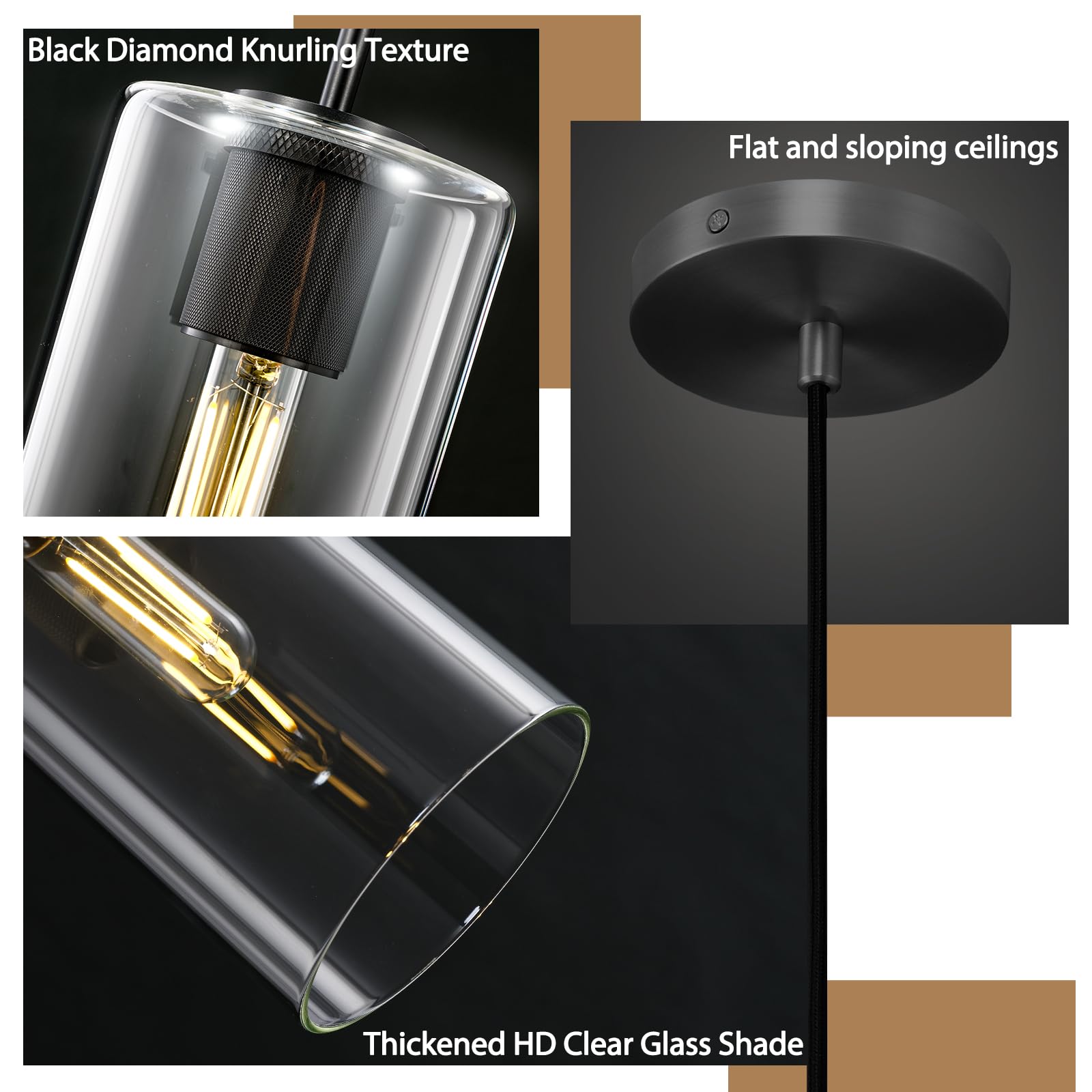 Modern Black Pendant Lights Kitchen Island Glass Pendant Light, 9.5'' Farmhouse Clear Glass Cylinder Pendant Light,Copper Kitchen Pendant Lighting Over Island Sink, E26 Bulb Included