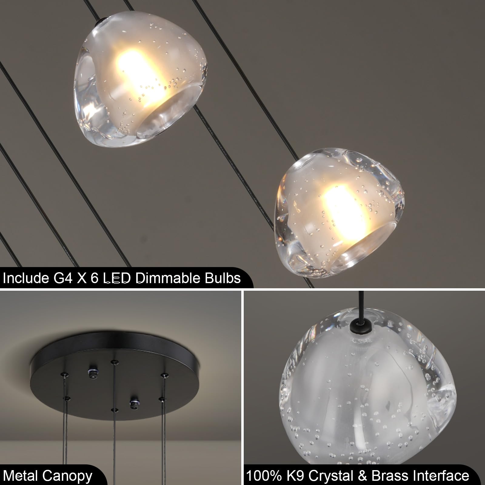 6-Light Crystal Staircase Chandelier, Modern Black Ceiling Light Fixture Pendant Light with Bubble Shades, Adjustable Long Chandelier for Foyer Kitchen Island Dining Room Bedroom and Living Room