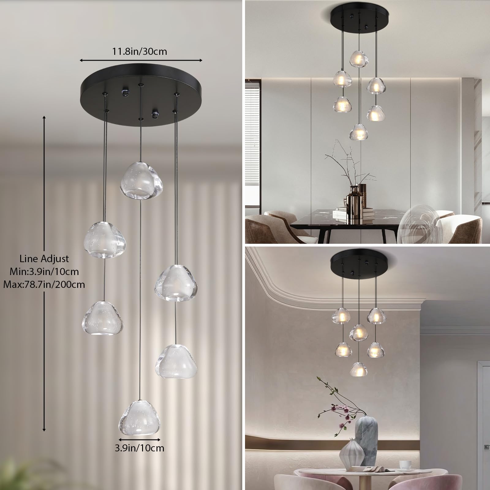 6-Light Crystal Staircase Chandelier, Modern Black Ceiling Light Fixture Pendant Light with Bubble Shades, Adjustable Long Chandelier for Foyer Kitchen Island Dining Room Bedroom and Living Room
