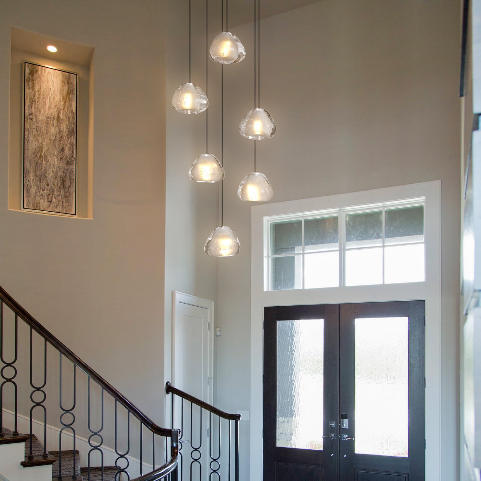 6-Light Crystal Staircase Chandelier, Modern Black Ceiling Light Fixture Pendant Light with Bubble Shades, Adjustable Long Chandelier for Foyer Kitchen Island Dining Room Bedroom and Living Room